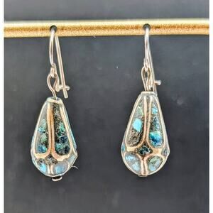 Vintage 50s Indian Turquoise Chip Tear Drop Earrings